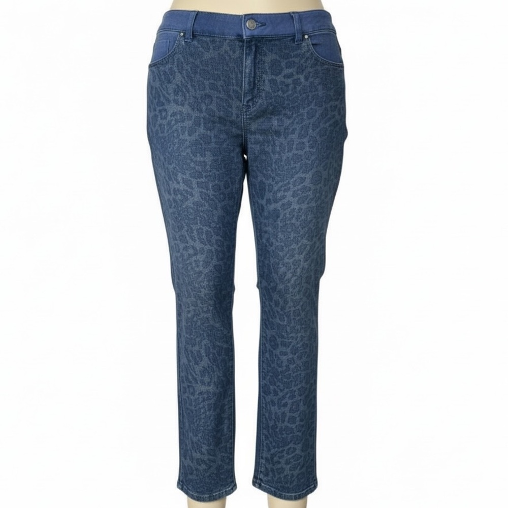 Chico’s Platinum Dark Blue &!Gold Leopard Print Skinny Jeans, Size 3/XL 16/18